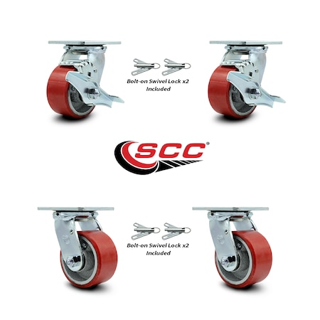 Service Caster 4 Inch Red Poly on Steel Caster Set with Roller Bearings 4 Swivel Lock 2 Brake SCC-30CS420-PUR-RS-TLB-BSL-2-BSL-2